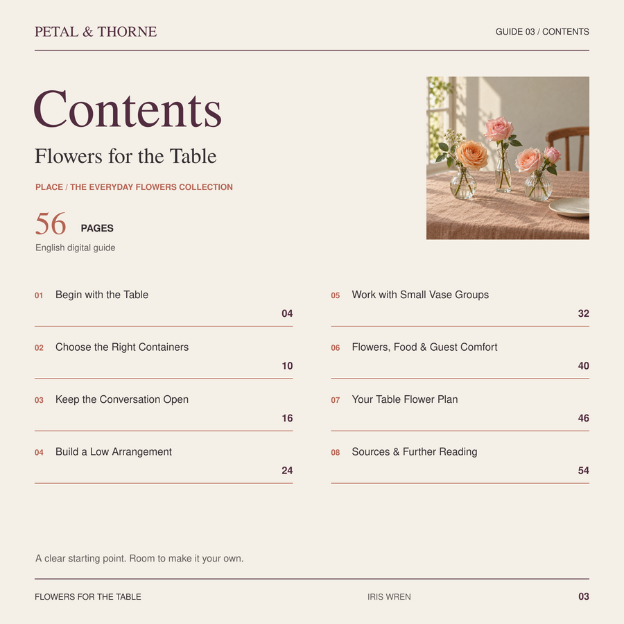 Contents of Flowers for the Table, showing chapter start pages.
