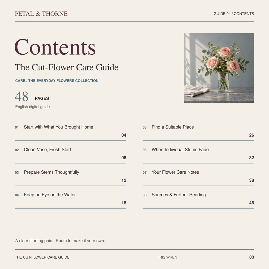 Contents of The Cut-Flower Care Guide, showing chapter start pages.