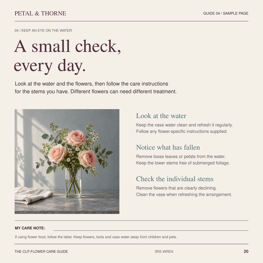 Sample interior page 20 from The Cut-Flower Care Guide, with practical text and flower photography.